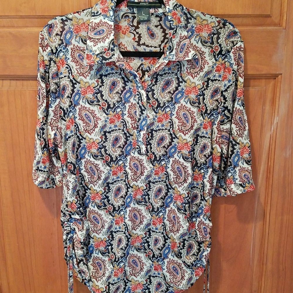 Tie Side Sheer Paisley Pattern Blouse